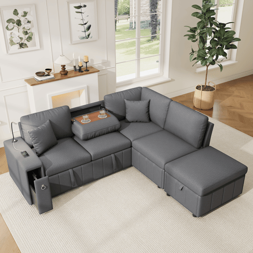 Sofá-cama 5 lugares conversível de linho,cinza
