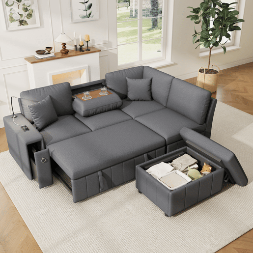 Sofá-cama 5 lugares conversível de linho,cinza