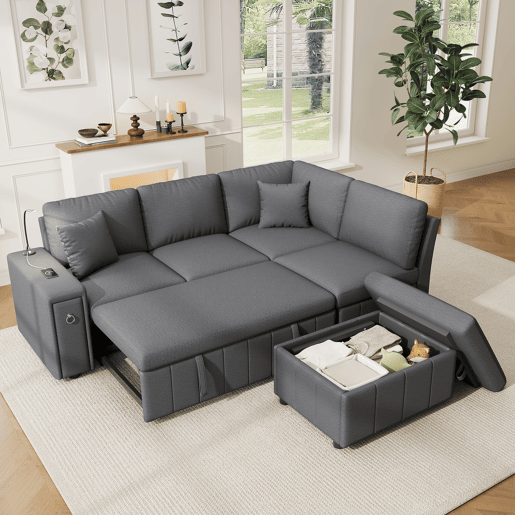 Sofá-cama 5 lugares conversível de linho,cinza