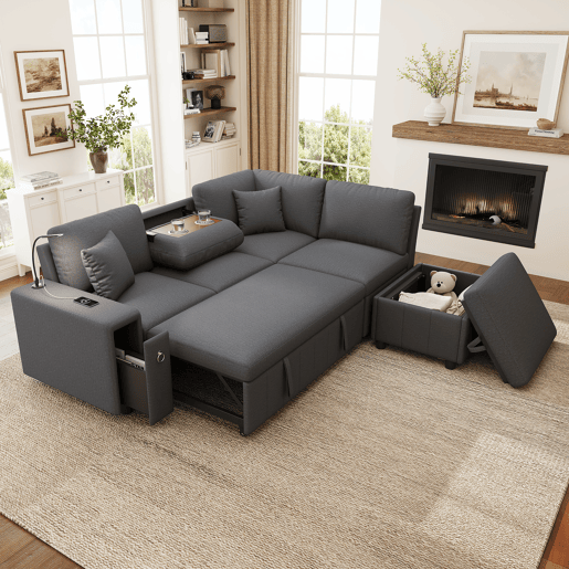 Sofá-cama 5 lugares conversível de linho,cinza