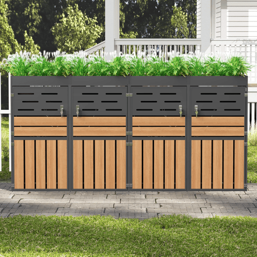 Armário exterior multifuncional u2013 com vaso para plantas integrado, ventilação com lâminas, 4 compartimentos, estrutura em aço galvanizado e corrente de segurança u2013 para arrumação e decoração de jardim u2013 cinzento