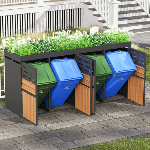 Armário exterior multifuncional u2013 com vaso para plantas integrado, ventilação com lâminas, 4 compartimentos, estrutura em aço galvanizado e corrente de segurança u2013 para arrumação e decoração de jardim u2013 cinzento