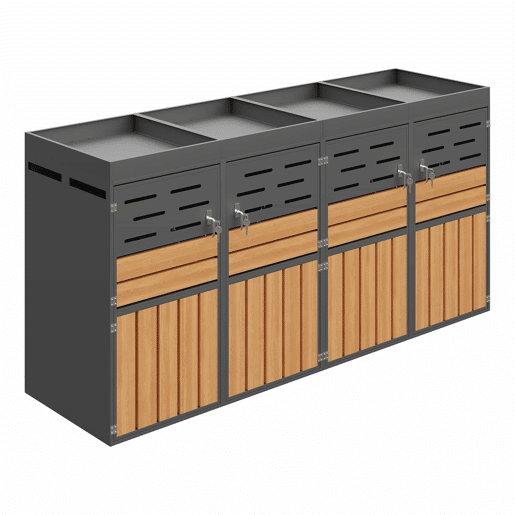 Armário exterior multifuncional u2013 com vaso para plantas integrado, ventilação com lâminas, 4 compartimentos, estrutura em aço galvanizado e corrente de segurança u2013 para arrumação e decoração de jardim u2013 cinzento