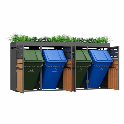 Armário exterior multifuncional u2013 com vaso para plantas integrado, ventilação com lâminas, 4 compartimentos, estrutura em aço galvanizado e corrente de segurança u2013 para arrumação e decoração de jardim u2013 cinzento