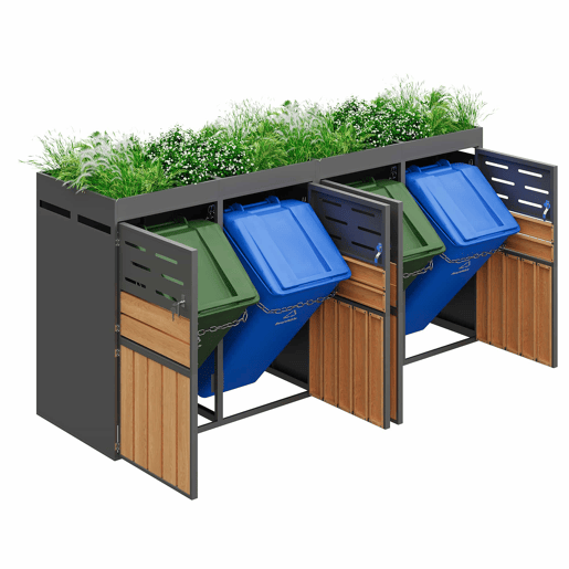 Armário exterior multifuncional u2013 com vaso para plantas integrado, ventilação com lâminas, 4 compartimentos, estrutura em aço galvanizado e corrente de segurança u2013 para arrumação e decoração de jardim u2013 cinzento