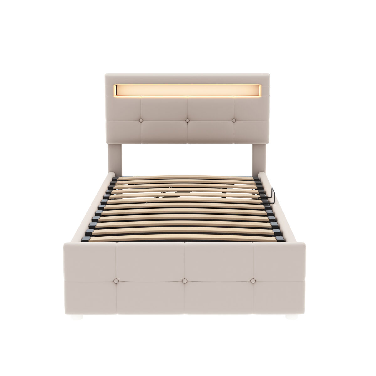 Cama contenedor 90x200 cm acolchada en terciopelo - con led y somier - beige