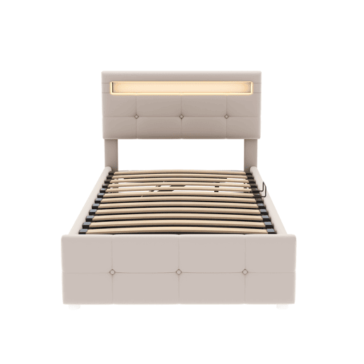 Cama contentora 90x200 cm estofada em veludo - com LED e estrado - Bege Cama contentora 90x200 cm estofada em veludo - com LED e estrado - Bege