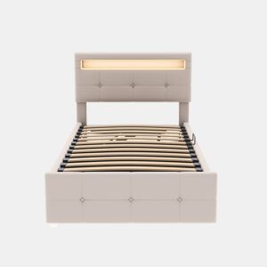 Cama contentora 90x200 cm estofada em veludo - com LED e estrado - Bege