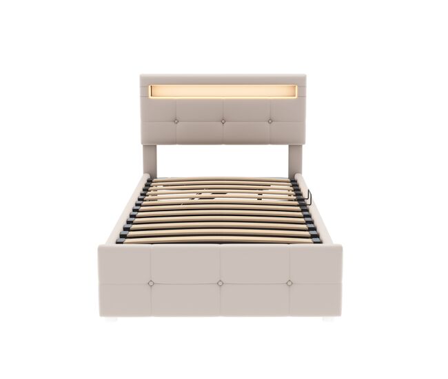 Cama contenedor 90x200 cm acolchada en terciopelo - con led y somier - beige