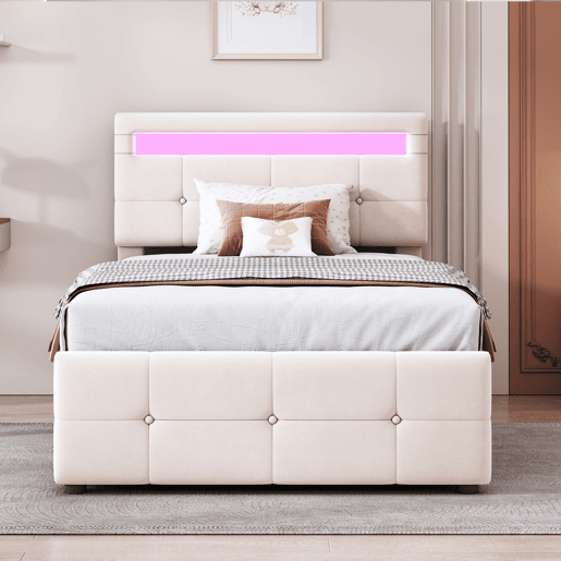 Cama contentora 90x200 cm estofada em veludo - com LED e estrado - Bege Cama contentora 90x200 cm estofada em veludo - com LED e estrado - Bege