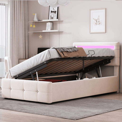 Cama contentora 90x200 cm estofada em veludo - com LED e estrado - Bege Cama contentora 90x200 cm estofada em veludo - com LED e estrado - Bege