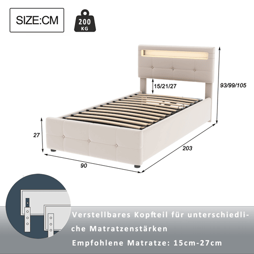 Cama contentora 90x200 cm estofada em veludo - com LED e estrado - Bege Cama contentora 90x200 cm estofada em veludo - com LED e estrado - Bege