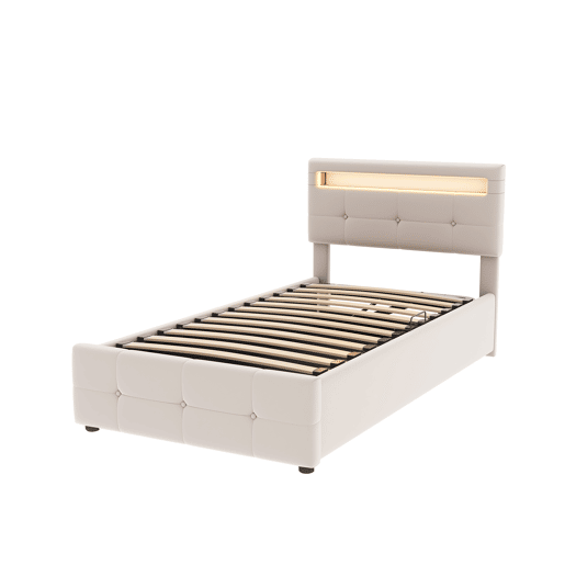 Cama contentora 90x200 cm estofada em veludo - com LED e estrado - Bege Cama contentora 90x200 cm estofada em veludo - com LED e estrado - Bege
