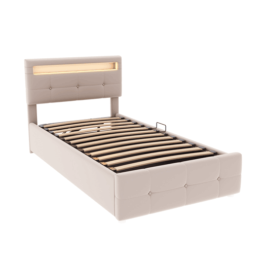 Cama contentora 90x200 cm estofada em veludo - com LED e estrado - Bege Cama contentora 90x200 cm estofada em veludo - com LED e estrado - Bege