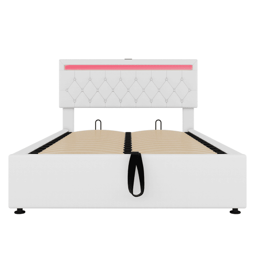 Cama estofada 140x200 cm - luz LED, elevável, USBTipo C, arrumação - branca Cama estofada 140x200 cm - luz LED, elevável, USBTipo C, arrumação - branca
