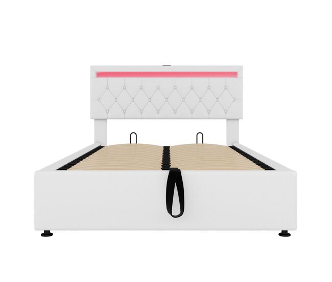 Cama tapizada 140x200 cm - luz led, elevable, usb/tipo c, almacenaje - blanca