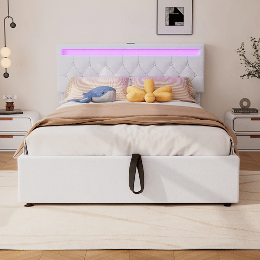 Cama estofada 140x200 cm - luz LED, elevável, USBTipo C, arrumação - branca Cama estofada 140x200 cm - luz LED, elevável, USBTipo C, arrumação - branca