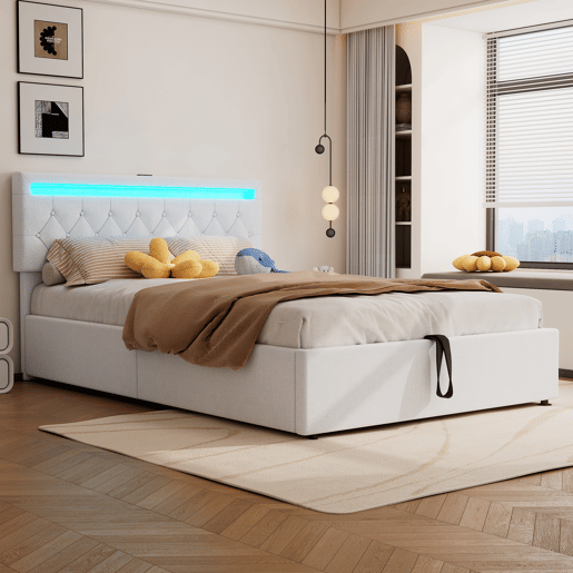 Cama estofada 140x200 cm - luz LED, elevável, USBTipo C, arrumação - branca Cama estofada 140x200 cm - luz LED, elevável, USBTipo C, arrumação - branca