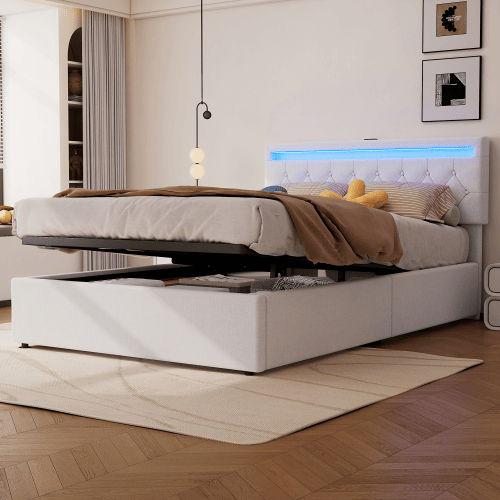 Cama estofada 140x200 cm - luz LED, elevável, USBTipo C, arrumação - branca Cama estofada 140x200 cm - luz LED, elevável, USBTipo C, arrumação - branca