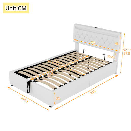 Cama estofada 140x200 cm - luz LED, elevável, USBTipo C, arrumação - branca Cama estofada 140x200 cm - luz LED, elevável, USBTipo C, arrumação - branca