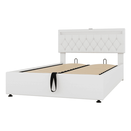 Cama estofada 140x200 cm - luz LED, elevável, USBTipo C, arrumação - branca Cama estofada 140x200 cm - luz LED, elevável, USBTipo C, arrumação - branca