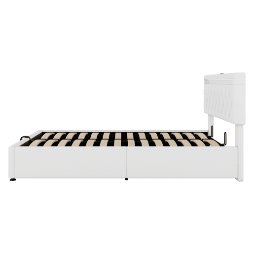 Cama estofada 140x200 cm - luz LED, elevável, USBTipo C, arrumação - branca Cama estofada 140x200 cm - luz LED, elevável, USBTipo C, arrumação - branca