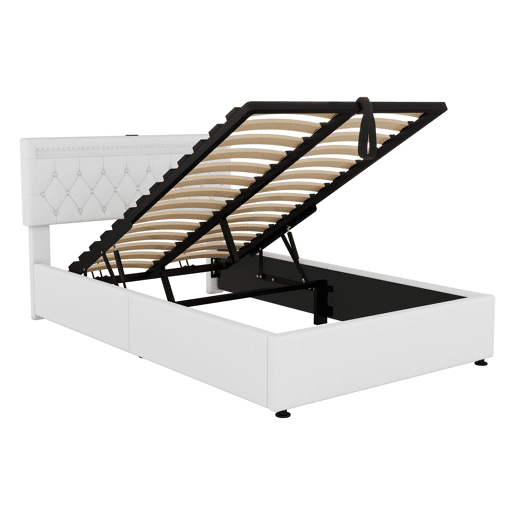 Cama estofada 140x200 cm - luz LED, elevável, USBTipo C, arrumação - branca Cama estofada 140x200 cm - luz LED, elevável, USBTipo C, arrumação - branca