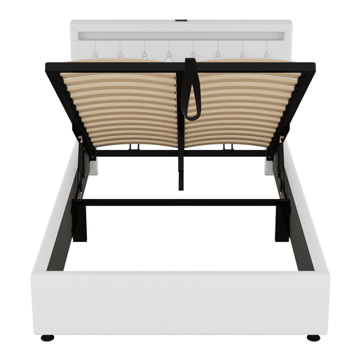 Cama estofada 140x200 cm - luz LED, elevável, USBTipo C, arrumação - branca Cama estofada 140x200 cm - luz LED, elevável, USBTipo C, arrumação - branca