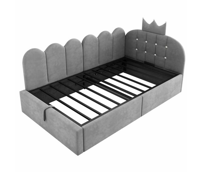 Cama nido tapizada 90x190 cm - sofá cama con almacenamiento hidráulico, diseño l con respaldo tipo corona en rejilla, terciopelo - gris