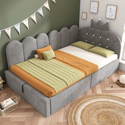 Cama-baú estofada 90x190 cm - sofá-cama com arrumação hidráulica, design em L com encosto em forma de coroa em malha, veludo - cinzento