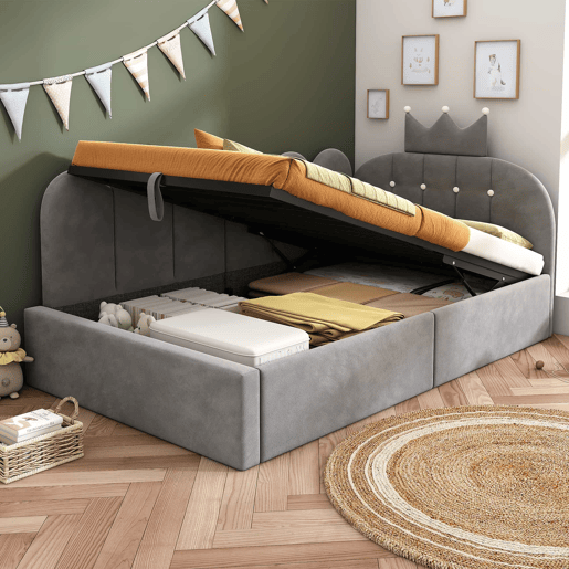 Cama-baú estofada 90x190 cm - sofá-cama com arrumação hidráulica, design em L com encosto em forma de coroa em malha, veludo - cinzento