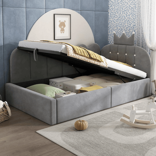 Cama-baú estofada 90x190 cm - sofá-cama com arrumação hidráulica, design em L com encosto em forma de coroa em malha, veludo - cinzento