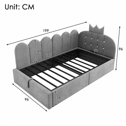 Cama-baú estofada 90x190 cm - sofá-cama com arrumação hidráulica, design em L com encosto em forma de coroa em malha, veludo - cinzento