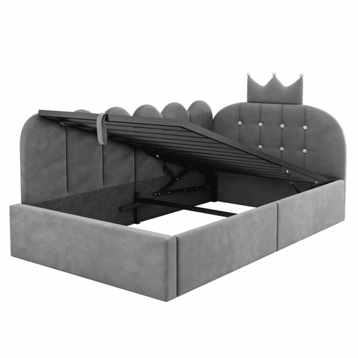 Cama-baú estofada 90x190 cm - sofá-cama com arrumação hidráulica, design em L com encosto em forma de coroa em malha, veludo - cinzento