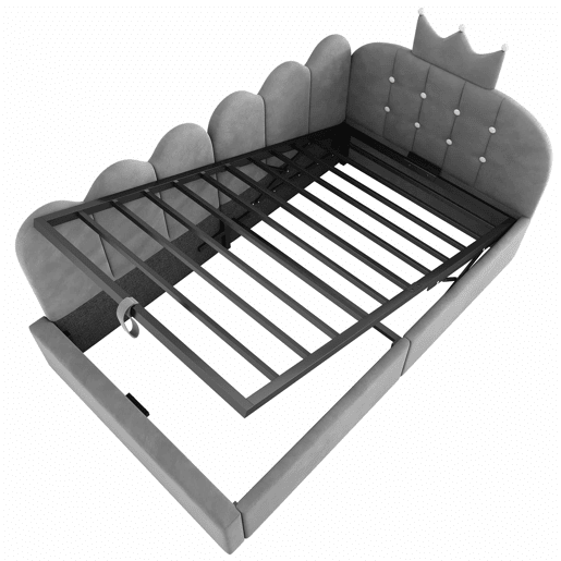 Cama-baú estofada 90x190 cm - sofá-cama com arrumação hidráulica, design em L com encosto em forma de coroa em malha, veludo - cinzento
