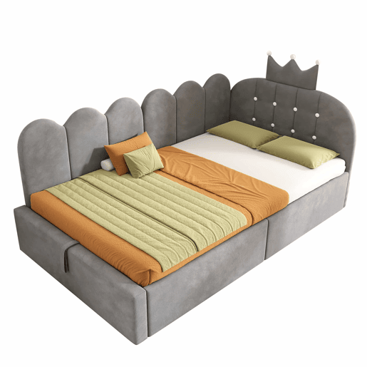 Cama-baú estofada 90x190 cm - sofá-cama com arrumação hidráulica, design em L com encosto em forma de coroa em malha, veludo - cinzento