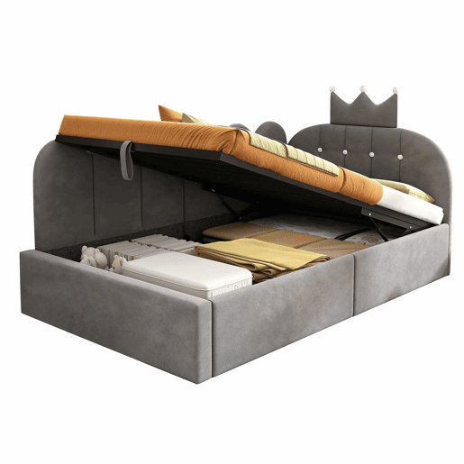 Cama-baú estofada 90x190 cm - sofá-cama com arrumação hidráulica, design em L com encosto em forma de coroa em malha, veludo - cinzento