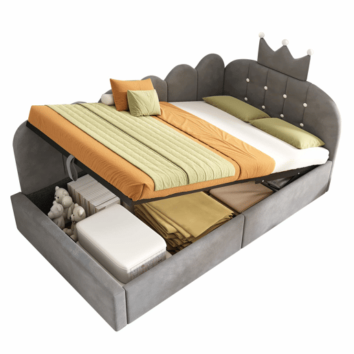 Cama-baú estofada 90x190 cm - sofá-cama com arrumação hidráulica, design em L com encosto em forma de coroa em malha, veludo - cinzento