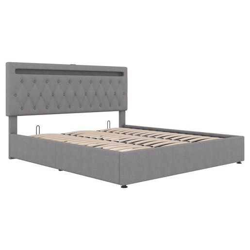 Cama estofada 180x200 cm - Hidráulica, luz ambiente RGB, USB - Cinza Cama estofada 180x200 cm - Hidráulica, luz ambiente RGB, USB - Cinza