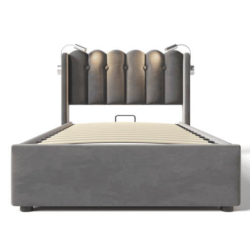 Cama contentora estofada com LED e portas de carregamento USB - 90x200cm - tecido aveludado - com estrado de molas - Cinzento Cama contentora estofada com LED e portas de carregamento USB - 90x200cm - tecido aveludado - com estrado de molas - Cinzento