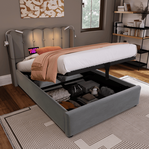 Cama contentora estofada com LED e portas de carregamento USB - 90x200cm - tecido aveludado - com estrado de molas - Cinzento Cama contentora estofada com LED e portas de carregamento USB - 90x200cm - tecido aveludado - com estrado de molas - Cinzento