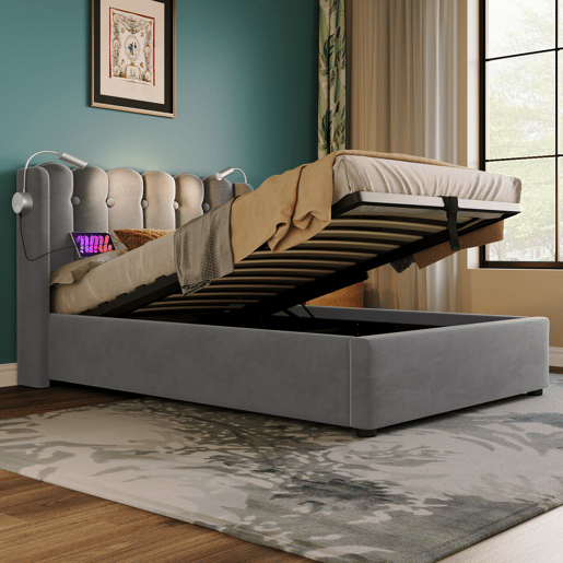 Cama contentora estofada com LED e portas de carregamento USB - 90x200cm - tecido aveludado - com estrado de molas - Cinzento Cama contentora estofada com LED e portas de carregamento USB - 90x200cm - tecido aveludado - com estrado de molas - Cinzento