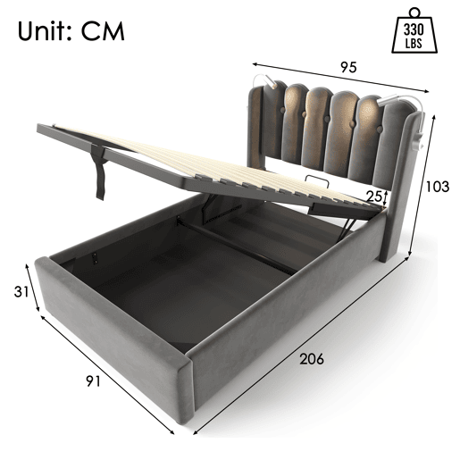 Cama contentora estofada com LED e portas de carregamento USB - 90x200cm - tecido aveludado - com estrado de molas - Cinzento Cama contentora estofada com LED e portas de carregamento USB - 90x200cm - tecido aveludado - com estrado de molas - Cinzento