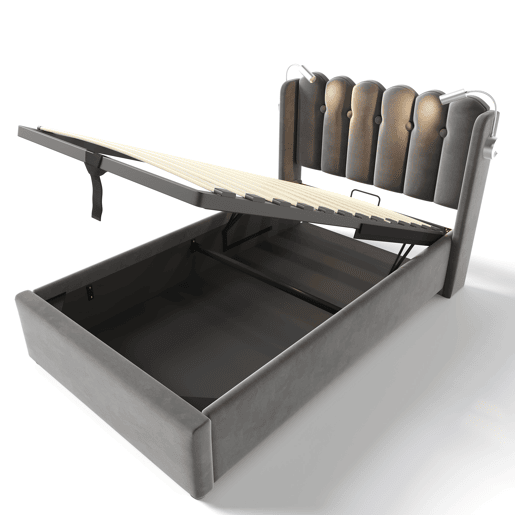 Cama contentora estofada com LED e portas de carregamento USB - 90x200cm - tecido aveludado - com estrado de molas - Cinzento Cama contentora estofada com LED e portas de carregamento USB - 90x200cm - tecido aveludado - com estrado de molas - Cinzento