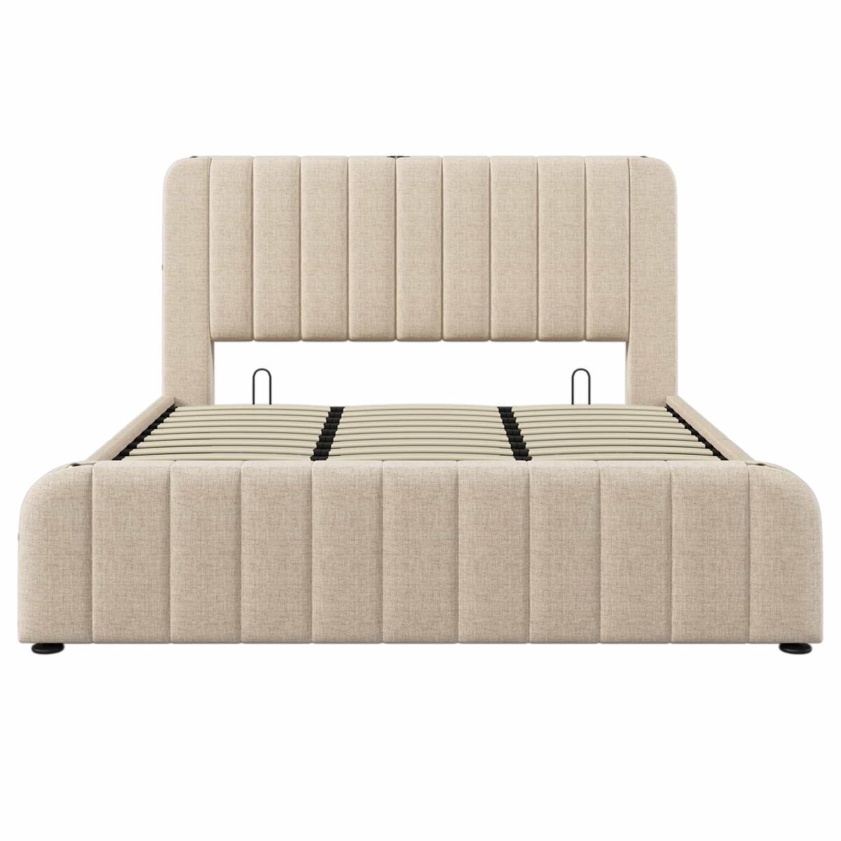 Cama tapizada 180x200 cm - cabecero acolchado con tiras doradas, función de carga usb tipo-c, almacenamiento hidráulico - beige