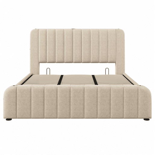 Cama estofada 180x200 cm - Cabeceira acolchoada com faixas douradas, porta USB tipo C, arrumação hidráulica - Bege