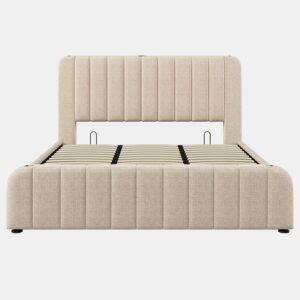 Cama estofada 180x200 cm - Cabeceira acolchoada com faixas douradas, porta USB tipo C, arrumação hidráulica - Bege