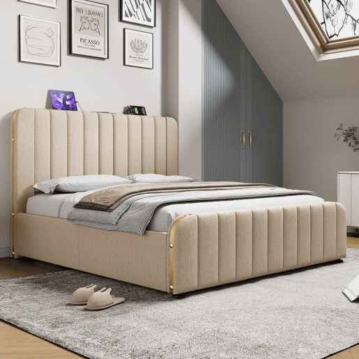 Cama estofada 180x200 cm - Cabeceira acolchoada com faixas douradas, porta USB tipo C, arrumação hidráulica - Bege