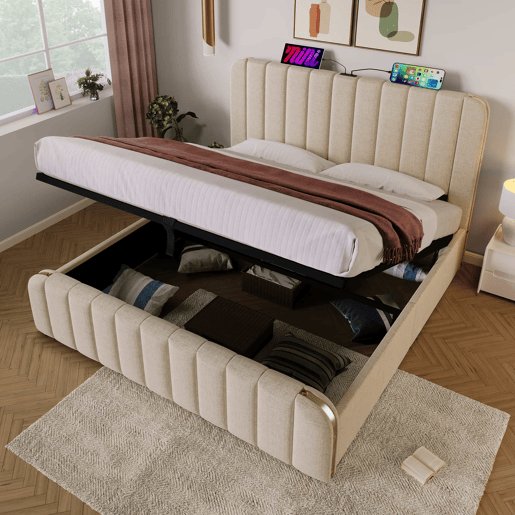 Cama estofada 180x200 cm - Cabeceira acolchoada com faixas douradas, porta USB tipo C, arrumação hidráulica - Bege