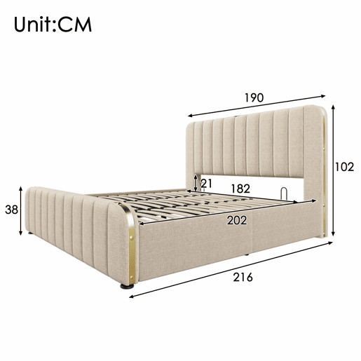 Cama estofada 180x200 cm - Cabeceira acolchoada com faixas douradas, porta USB tipo C, arrumação hidráulica - Bege